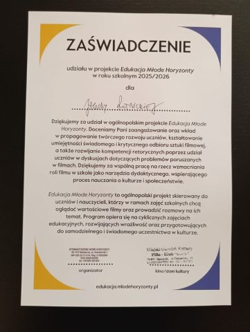 Zaświadczenie uziału w projekcie Edukacja Młode Horyzonty w roku szkolnym 2025/2026